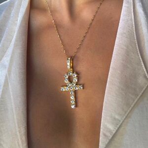 Elegant Gold Ankh Pendant Necklace 18inch